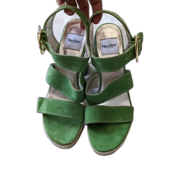 SOLD Marco Moreo Milano Lime Green Suede Gold Metallic Chunky Platform Sandals - Picture 1 of 13